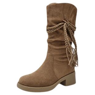 星期六复古长靴女不过膝2025新款秋季西部牛仔靴流苏中筒瘦瘦靴直