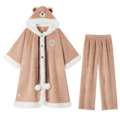 BE珊瑚绒泰迪熊睡袍斗篷套装女冬