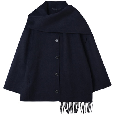 流苏围巾领双面手工羊毛呢大衣