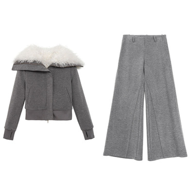 羊毛大翻领卫衣复合银狐绒休闲裤