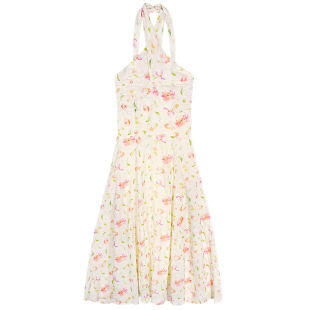 落落狷介 特别漂亮掐腰连衣裙2025新款苎麻无袖漏背裙子碎花裙女