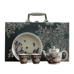 鎏银青花荷韵套组中式陶瓷茶壶茶杯壶承泡茶套装家用送礼功夫茶器