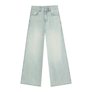 pusumede 经典再现 美式做旧水洗牛仔裤女低腰宽松直筒阔腿裤长裤