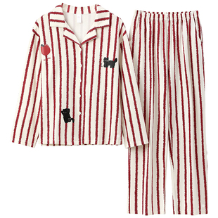 有内纯棉睡衣女款2025新款女士长袖抗菌A类条纹红家居服秋冬套装