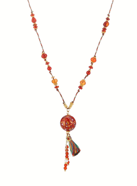 复古民族风大漆红玛瑙流苏项链女