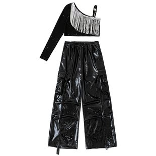 女童爵士舞服装女团辣妹露肩上衣jazz舞蹈服韩舞街舞走秀表演出服