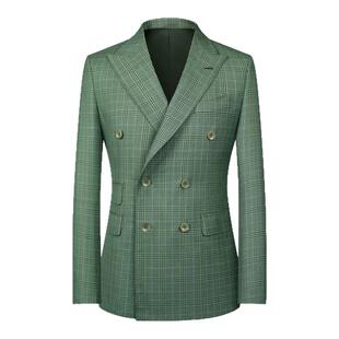 本派西服套装男士2025高定双排扣苏格兰格纹休闲绿色羊毛西装外套