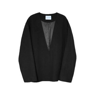 陈小满原创设计黑色时尚全羊毛宽松深长V领落肩长袖上衣裤子套装