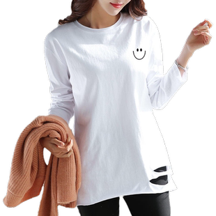 2025年春季早秋装新款长袖t恤女白色中长款宽松打底衫上衣ins百搭