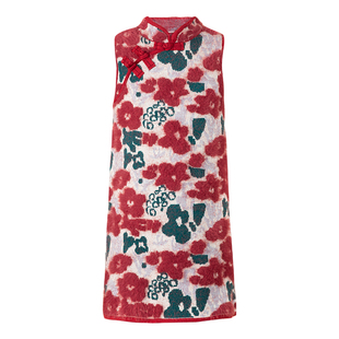 LittleNaive女童连衣裙冬季新款立领花朵背心裙儿童新中式针织裙