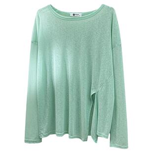 空调罩衫女2024新款慵懒风宽松侧开叉冰丝麻长袖防晒T恤