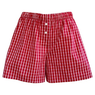 BM红格子短裤美式女 松紧腰遮肉宽松阔腿薄款纽扣三分裤睡裤家居
