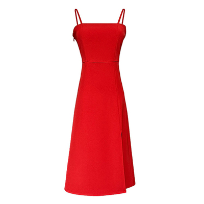 赫本风A字聚酸纤维纯色吊带开叉