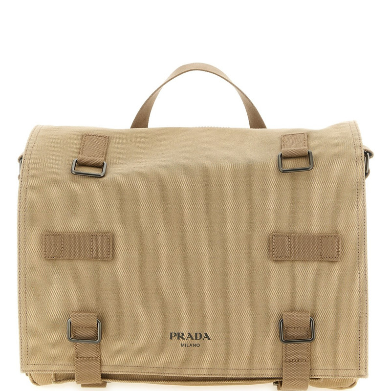 PRADA 普拉达 男士米色棉质帆布邮差包 26早春新款意大利代购正品