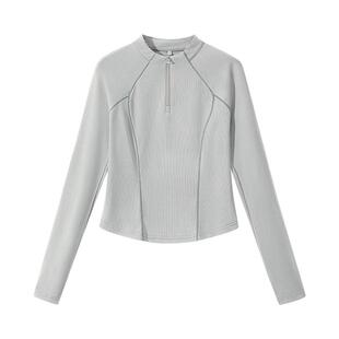 班尼路灰色速干上衣女夏季新款小个子长袖t恤女士修身短款运动服Q