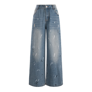 UNIFREE美式复古泼墨牛仔裤做旧水洗宽松直筒阔腿垂感拖地长裤子