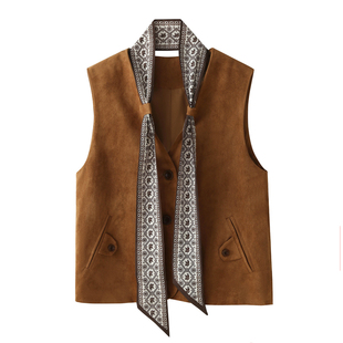 欧货麂皮绒马甲女秋装法式丝巾v领上衣洋气叠穿无袖坎肩背心外套