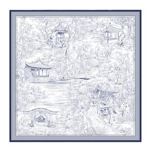 浮梦灵犀 桑蚕丝大方巾水墨青花轻中式国风印花手工卷边绮园幽梦