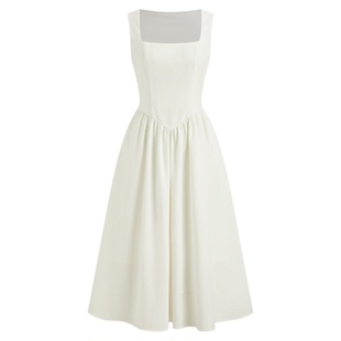 【明星同款】CIDER夏季女装亚麻荷叶边中长款方领连衣裙114498574