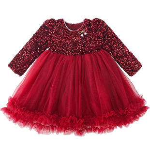 女童红色连衣裙冬装2025新款丝绒礼服裙子洋气小女孩蝴蝶结公主裙