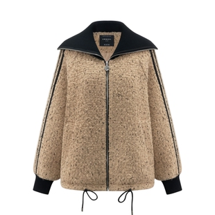 艾莱依短款休闲羽绒服女新款时尚拼接流行针织翻领高级绵羊毛外套