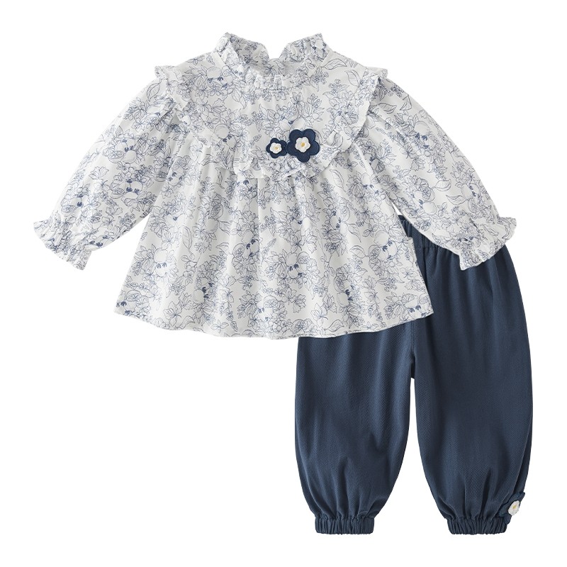 纯棉女童森系碎花套装 春季长袖两件套