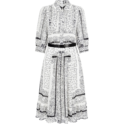 佩斯利方巾花翻领泡泡袖连衣裙