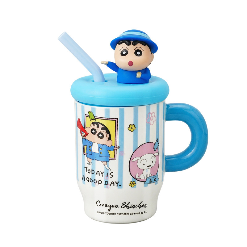 蜡笔小新陶瓷马克杯带盖吸管杯子