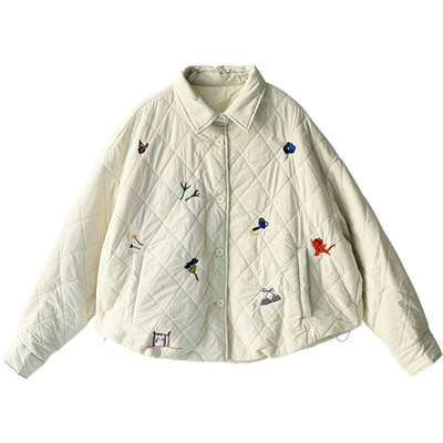 翻领单排扣刺绣抽绳短款棉外套