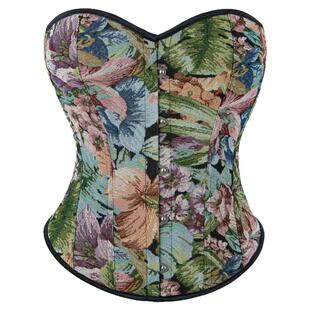 新款法式花卉油画风提花木耳边宫廷束身衣女士系带鱼骨衣塑身上衣