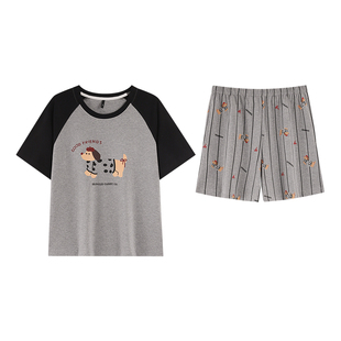 2026年夏季女士纯棉短袖短裤卡通拼色可外穿带胸垫家居服全棉套装