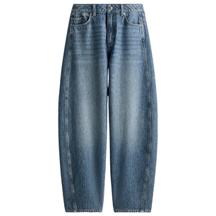 HM女装牛仔裤26新款黑色镰刀香蕉弯刀裤筒形裤腿高腰长裤1309848