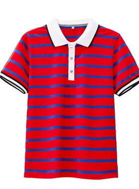 白色领子条纹短袖女POLO衫上衣夏