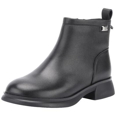 蜘蛛王真皮女靴粗跟圆头短靴