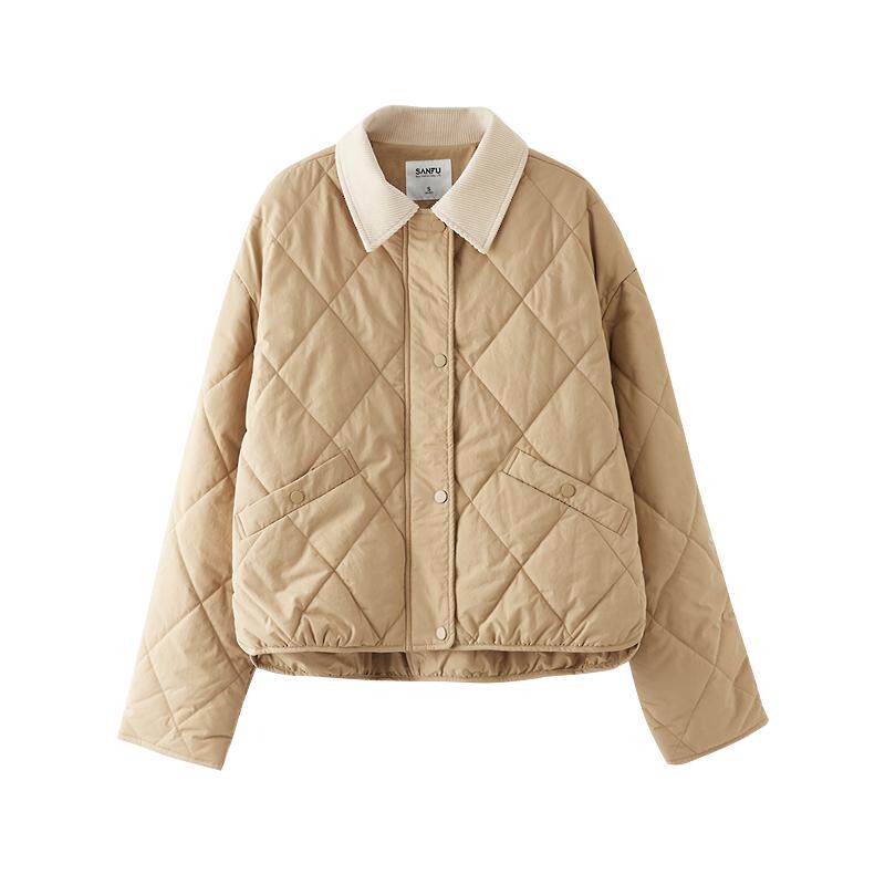 三福棉衣棉服女2025冬季撞色灯芯绒棉袄菱形格宽松外套女装845249