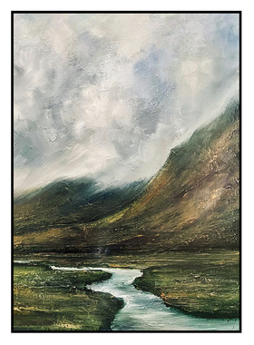 纯手绘油画竖版青山溪流抽象风景画走道玄关卧室挂画大芬村手工画
