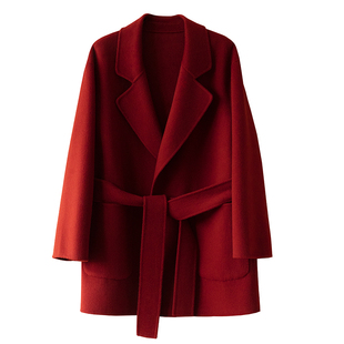徐莫西经典款红色西装领收腰系带羊毛宽松短款双面呢大衣毛呢外套