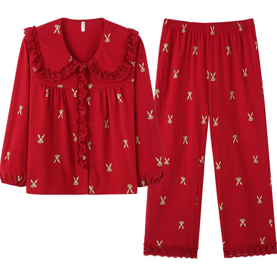 睡衣女春秋纯棉满印小兔红色新婚