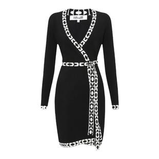DVF爱妃针织黑白锁链边印花长袖短款裹身连衣裙DR3Q014