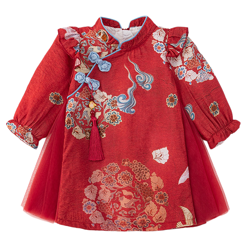 婴儿周岁礼服春秋新款女宝宝中国风红色衣服抓周生日裙中式连衣裙