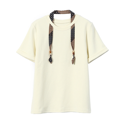 淘么淘 衣品飙升！设计感穿孔印花丝巾圆领卷边短袖上衣t恤女新款