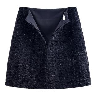 小香风半身裙A字裙短裙2025春季新款一步裙毛呢时尚亮丝高腰A短裙