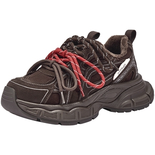 热风厚底老爹鞋女2025年冬季新款棕色运动休闲鞋复古加绒跑步女鞋