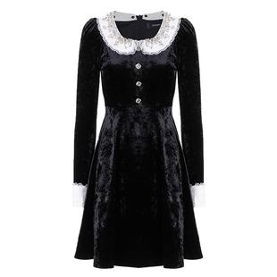 MAXRIENY精致赫本华丽复古风重工钉珠连衣裙丝绒裙