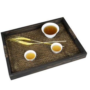 泰国木质茶盘家用托盘长方形实木茶具茶杯收纳竹编复古藤编茶托盘