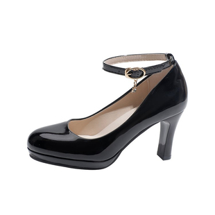 8cm防水台高跟鞋女大码粗跟一字扣宴会酒红色漫展COS万用单鞋圆头