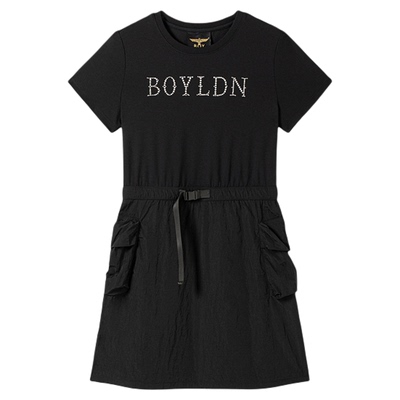 BOYLONDON百搭机能黑收腰显瘦拼接梭织女连衣裙休闲工装裙W37902