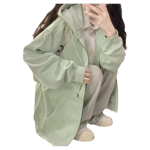 纯色连帽卫衣女秋冬oversize加绒加厚外套chic宽松慵懒风开衫上衣