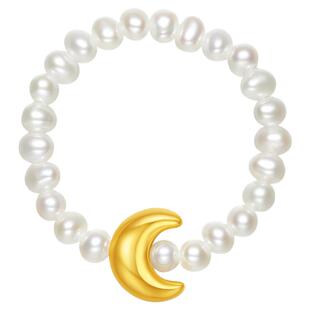 周六福黄18K淡水珍珠戒指女款黄金色月亮手饰优雅送女生新年礼物