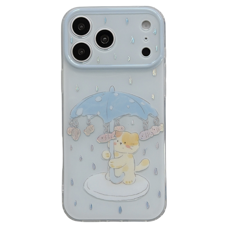 jze 夏日清新鎏金淡蓝猫咪雨伞小鱼适用苹果17ProMax手机壳iphone16pro新款17女款15pro可爱14双层防摔手机套